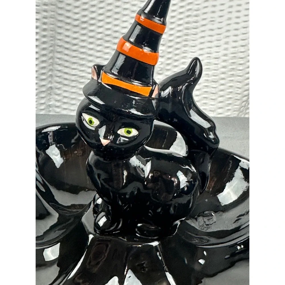 Halloween‎ Black Cat Candy Dish Divided Tray Witch Hat Serving Bowl
